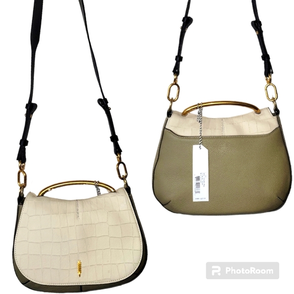 THACKER Leather Nola Shoulder/Crossbody Bag, Flap over, White/Taupe, NWT - Picture 8 of 16